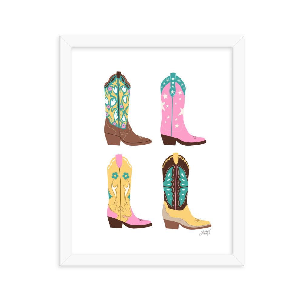 Cowgirl Boots Illustration (Pink/Yellow/Turquoise Palette) - Framed Matte Print